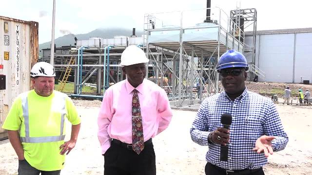 (L-r) Wӓrtsilӓ Site Manager Kauno Antero Orre, Acting General Manager of the Nevis Electricity Company Limited Jervan Swanston and Hon. Alexis Jeffers, Minister responsible for Public Utilities on Nevis at the installation site of a new 3.85 megawatt- Wӓrtsilӓ plant at the Prospect Power Plant on June 14, 2017